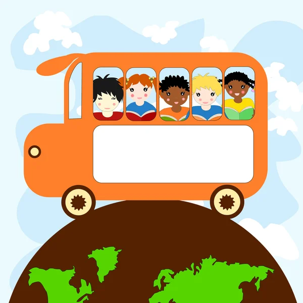 Діти різних рас у шкільному автобусі подорожують на місці — стокове фото
