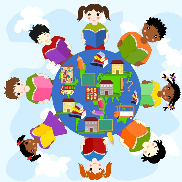 Niños con libros de diferentes razas en un círculo, concepto de e — Foto de Stock