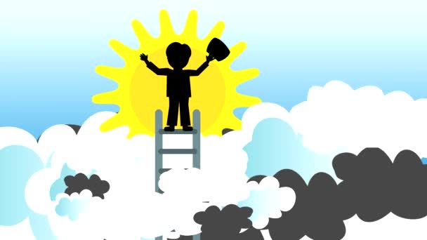 Silhouette of a businessman with a briefcase on a ladder above the clouds that fly down the concept of victory and freedom — Stock Video