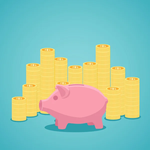 Banco piggy rosa e pilhas de moedas de ouro . —  Vetores de Stock