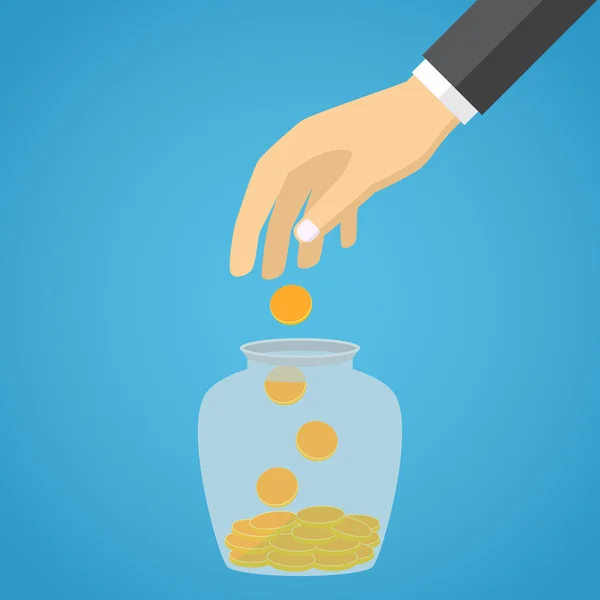 Επιχειρηματίας χέρι ρίχνουν ένα γυάλινο βάζο χρυσό κέρμα. — Διανυσματικό Αρχείο