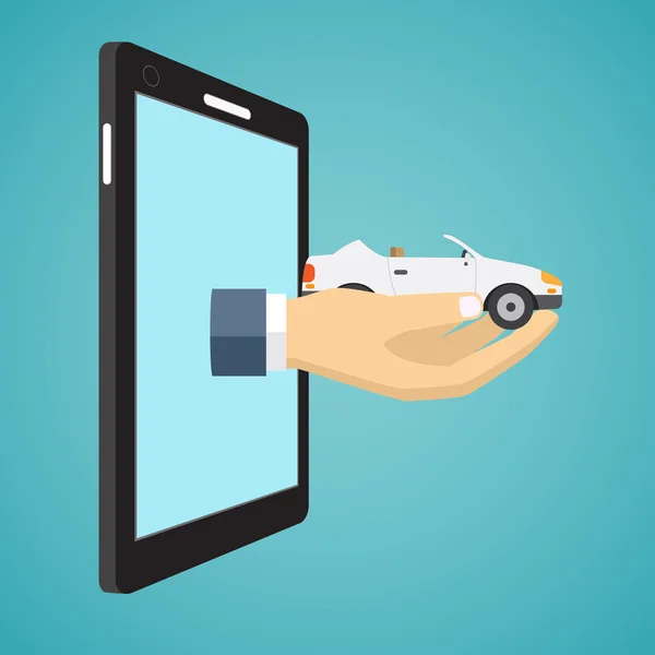 Hand holding car from screen of smartphone. — Stock Vector
