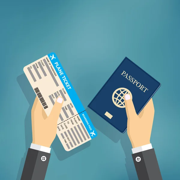 Tarjeta de embarque y pasaporte en mano . — Archivo Imágenes Vectoriales