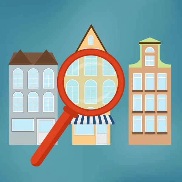 Real-estate concept with magnifying glass. — Stock Vector