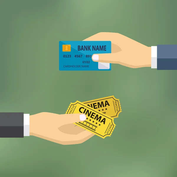 Mains avec carte de crédit et billets de cinéma . — Image vectorielle