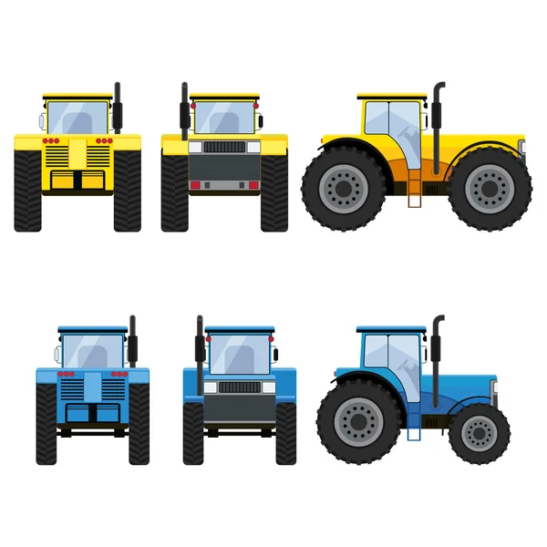 Tracteurs jaunes et bleus à grandes roues . — Image vectorielle