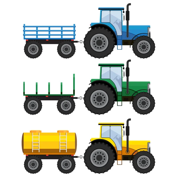 Ensemble de tracteurs agricoles avec chariots . — Image vectorielle