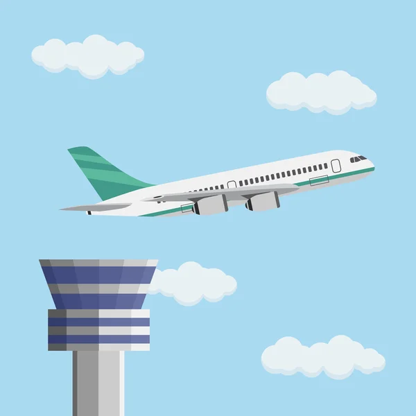 Torre de control del aeropuerto y avión civil volador . — Vector de stock