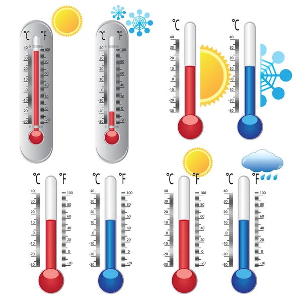 Thermometer met weerpictogrammen. — Stockvector