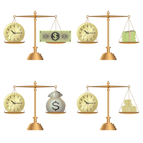 Escalas con reloj y dinero — Vector de stock