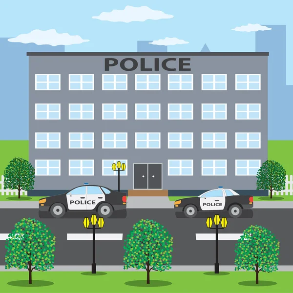 Polizeigebäude und zwei Polizeiautos unterwegs. — Stockvektor