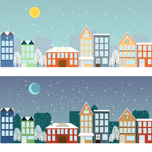 Winter sityscape at night and at day
