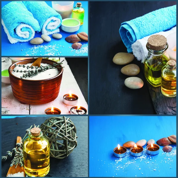 Spa stilleven collage met zout, bad olie en kaarsen — Stockfoto