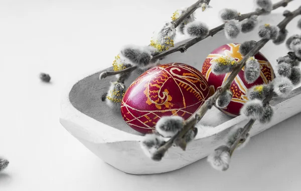 Painted Easter eggs with spring buds branches — Stock Photo, Image