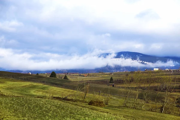 Prados junto al campo con niebla en el pico de la montaña — Foto de Stock