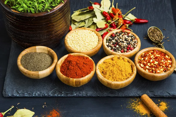 Spices powder and seeds seasoning in wooden bowls — Stock Photo, Image