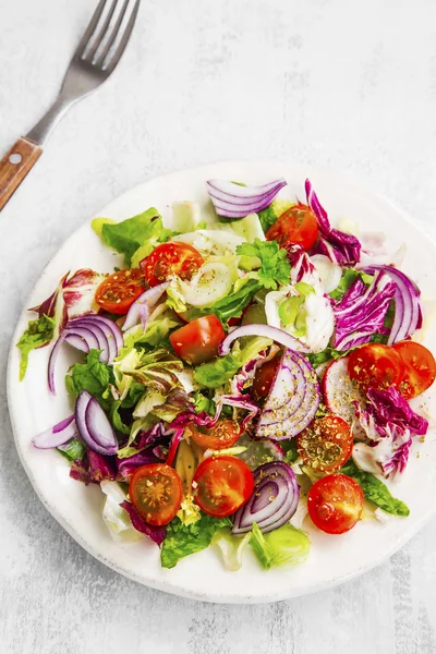 Fresh organic vegetable salad with onion, lettuce, tomatoes — Stock Photo, Image