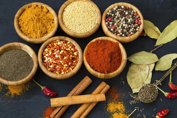 Spices powders and seeds with chili peppers and bay leaves — Stock Photo, Image