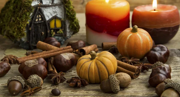 Decoração de outono com abóboras, velas, bolotas, casa de fadas em — Fotografia de Stock