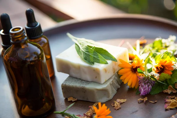 有机纯素护肤用天然手工香皂棒 配以药用植物和花卉提取物或精油 图库图片