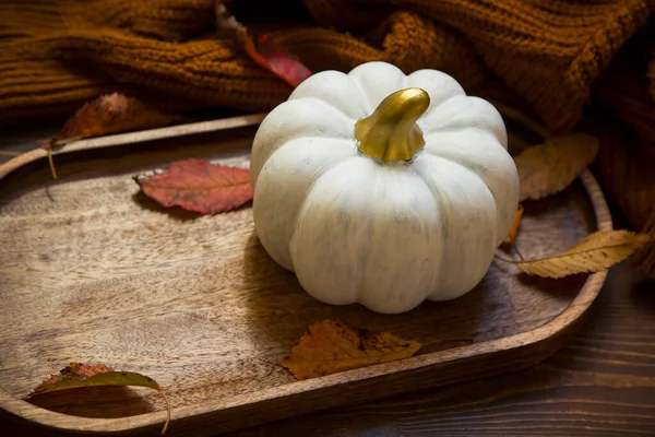 舒适的秋天装饰构图 用南瓜 干叶和编织的舒适毛毯铺在老式木制餐盘上 — 图库照片