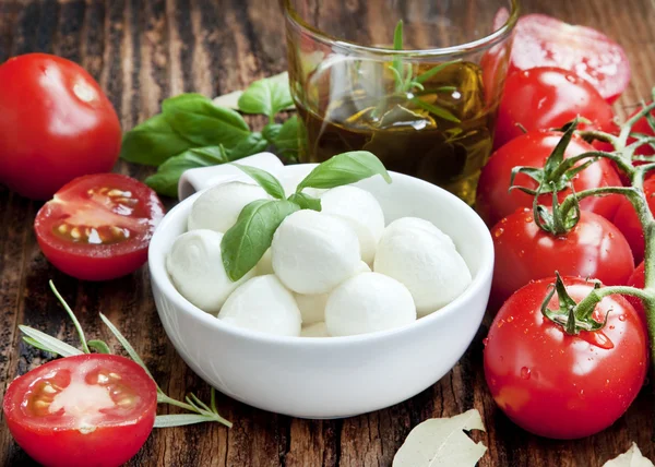 Italská mozzarella s rajčaty, olivovým olejem a bazalkou — Stock fotografie