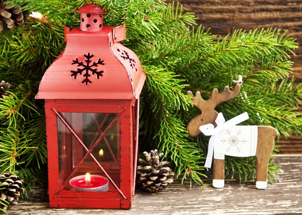 Christmas Lantern with Fir Tree Branches and Reindeer Wooden Dec — Stock Photo, Image