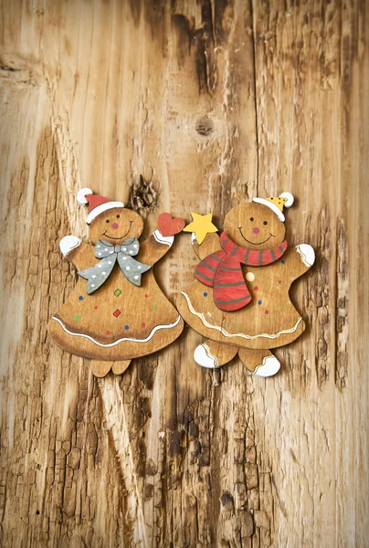 Vintage Wooden Lady and Man Christmas Decorations — Stock Photo, Image