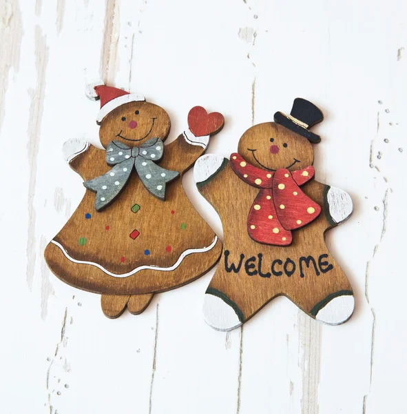 Vintage Wooden Lady and Man Christmas Decorations — Stock Photo, Image