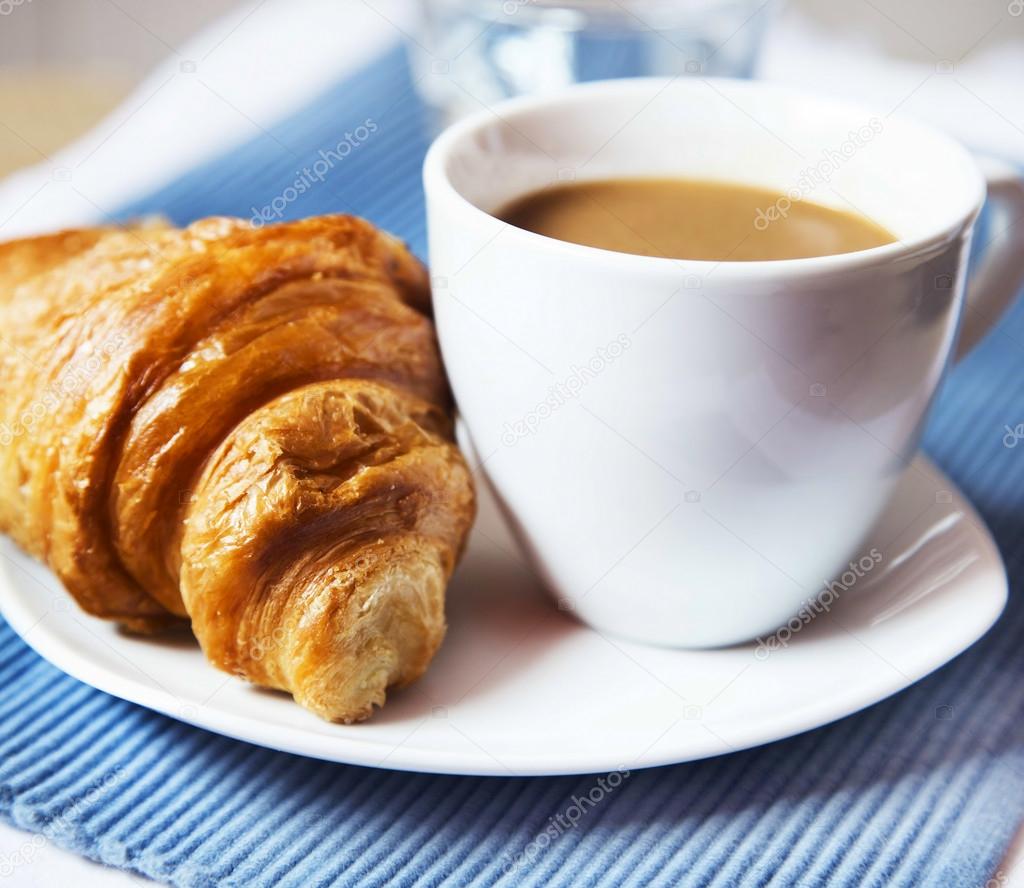 Latte Coffee with French Croissant, Selective Focus