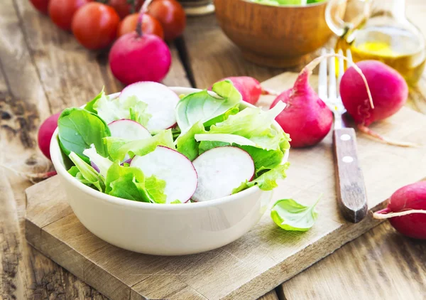 Hälsosamma ekologiska rädisor och sallad Spring sallad — Stockfoto