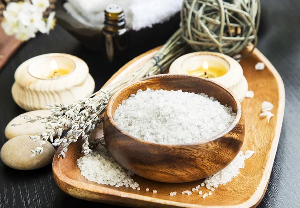 Spa Sea Salt setting with Lavender, Aromatherapy Candles and Ess — Stock Photo, Image