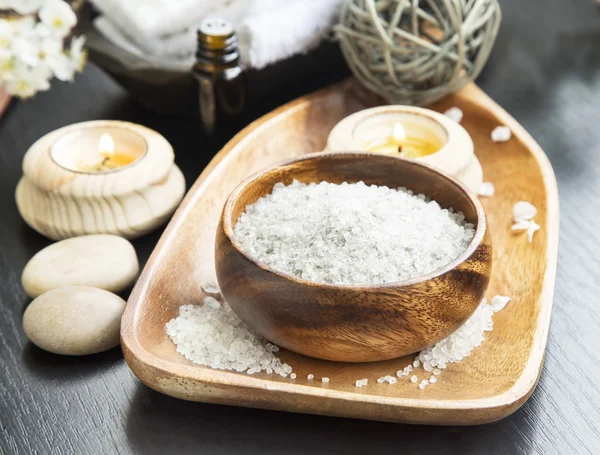 Spa Sea Salt setting with Lavender, Aromatherapy Candles and Ess — Stock Photo, Image