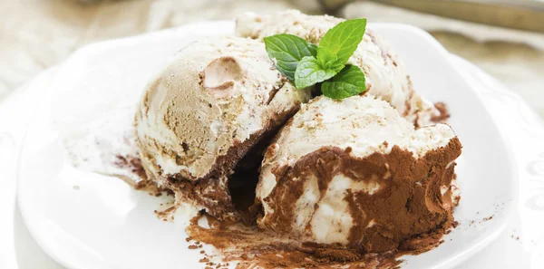 Tiramisu Icecream Closeup with Mint in Dessert Plate — Stock Photo, Image