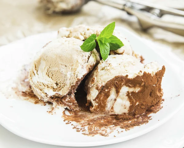 デザート プレートにミントとティラミスのアイスクリームのクローズ アップ — ストック写真