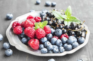Fresh Organic Raspberries,Blueberries and Currants with Mint Lea