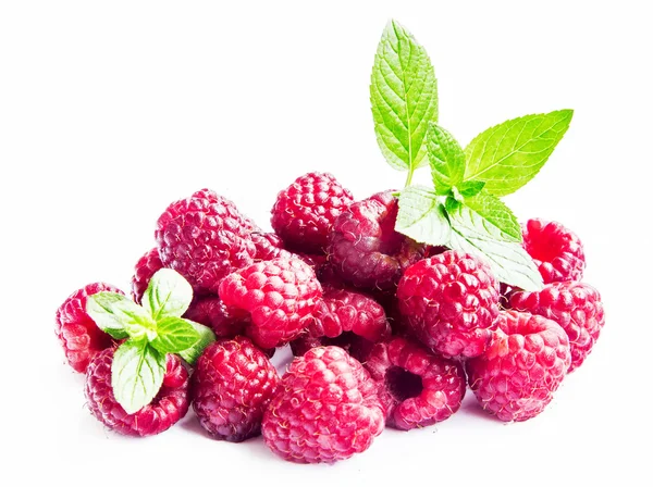 Raspberries with Mint Leaves Isolated on White