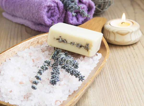 Lavender Flowers and soap with Sea Salt Spa Still Life — Stock Photo, Image