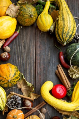 Kabaklar, yaprakları, kestane ile sonbahar dekorasyonları