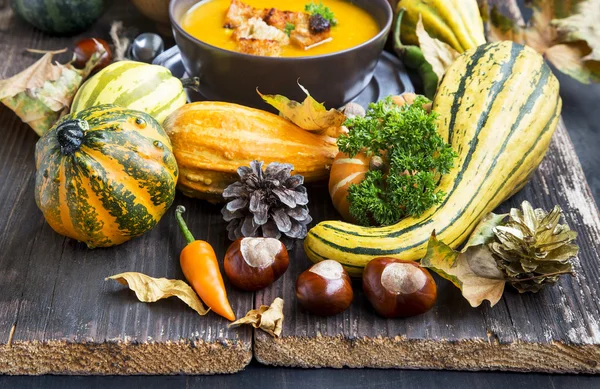 Herfst decoratie met pompoenen, bladeren, kastanjes — Stockfoto