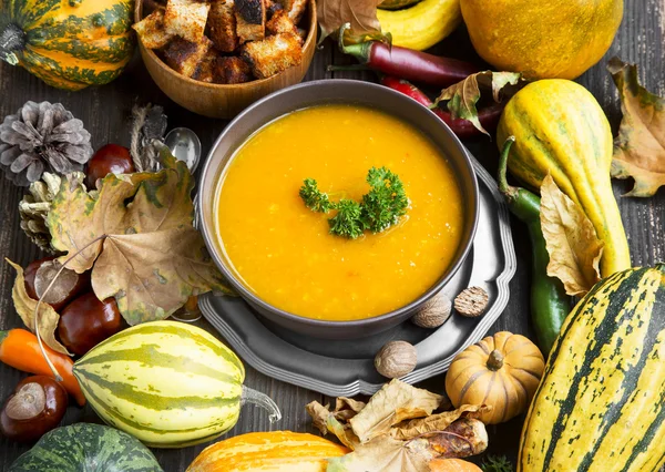 Vallen Pompoensoep met Croutons en peterselie — Stockfoto