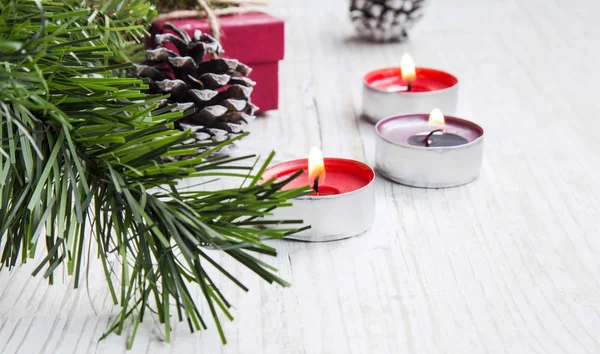 Christmas Candle Decoration with Fir Tree and Ornaments — Stock Photo, Image