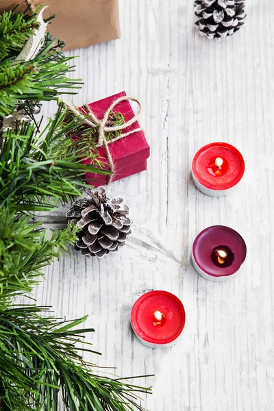 Christmas Candle Decoration with Fir Tree and Ornaments — Stock Photo, Image
