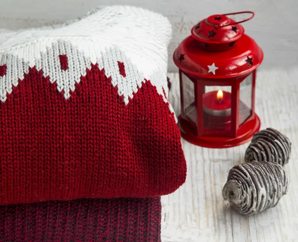 Cozy Woolen Sweaters for Winter Time with Christmas Lantern — Stock Photo, Image