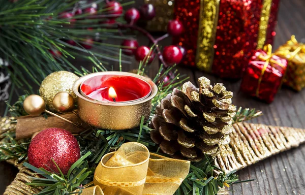 Christmas Decoration with Burning Candle, Fir Tree, Balls and Ri — Stock Photo, Image