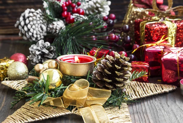 Christmas Decoration with Burning Candle, Fir Tree, Balls and Ri — Stock Photo, Image