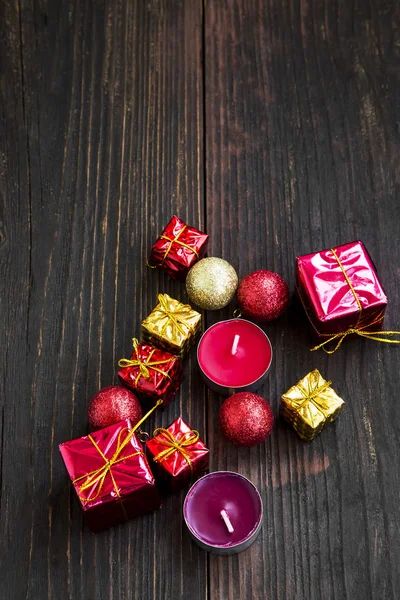 Golden and Red Christmas Gifts, Balls and Candles Decoration — Stock Photo, Image