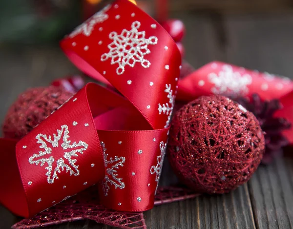 Festive Red Ribbon and Christmas Ball — Stock Photo, Image