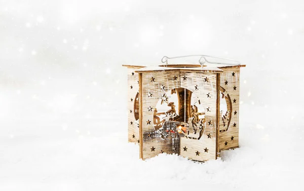 Christmas Wooden Candle Holder in the Snow — Stock Photo, Image