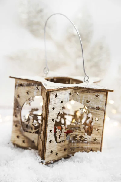 Wooden Christmas Candle Holder in the Snow — Stock Photo, Image